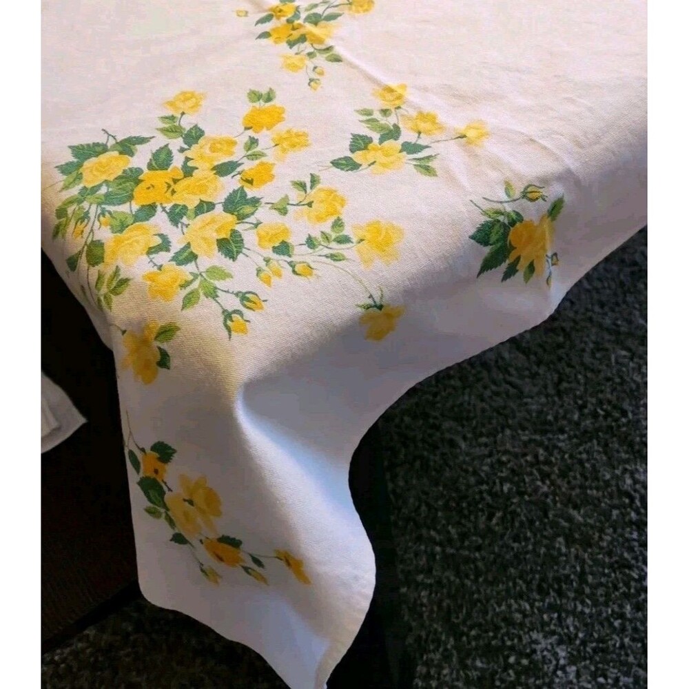 Vntg 50s Wilendur Printed Cotton Tablecloth Yellow Roses Jadeite Green  48"X52".